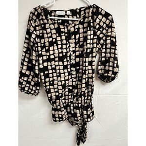 New York & Company Womens Elbow Sleeve Popover Blouse Snap Button Black Small